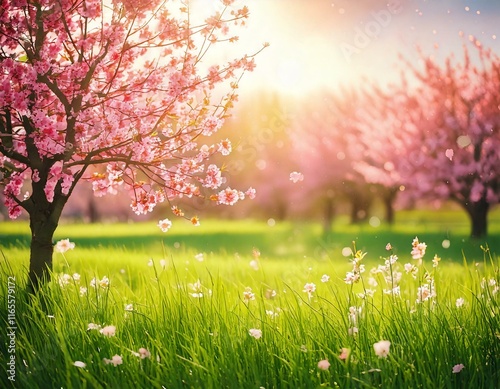 Wiosenny krajobraz z kwitnącymi, różowymi drzewami i zieloną trawą.  © Monika