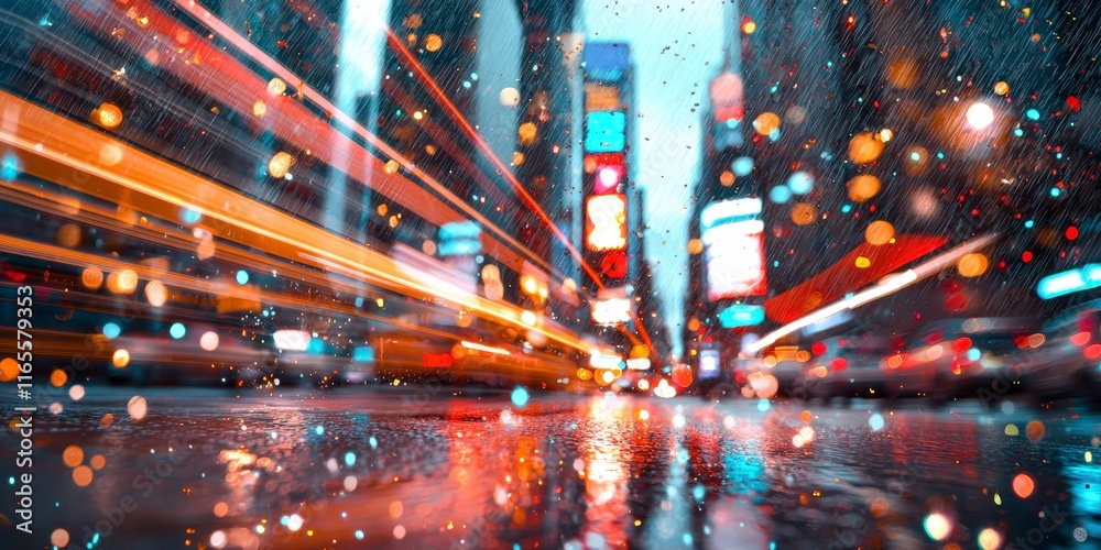 Obraz premium Colorful Cityscape with Rainy Streets and Blurred Lights in Urban Environment at Night