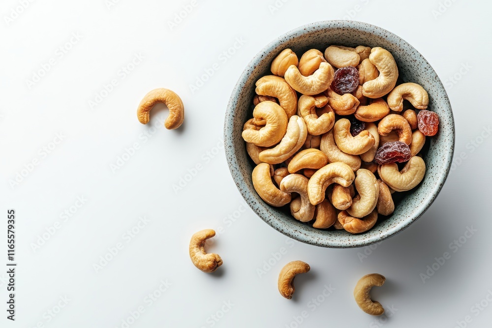 Bright and Colorful Composition of Mixed Nuts and Dried Fruits in a Bowl on a White Backdrop Captured with Studio Lighting Bright and Colorful Composition of Mixed Nuts and Dried Fruits in a Bowl on a White Backdrop Captured with Studio Lighting