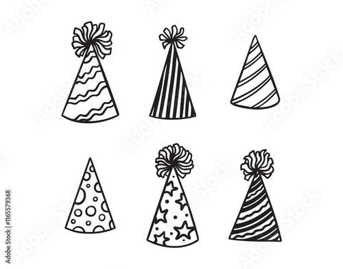 Festive party hats hand drawn doodle funny set. Party hats drawing outline elements set.