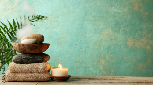 Tranquility, A soothing image of a tranquil spa setting featuring a glowing candle, perfect for wellness and relaxation themes in various creative projects. photo