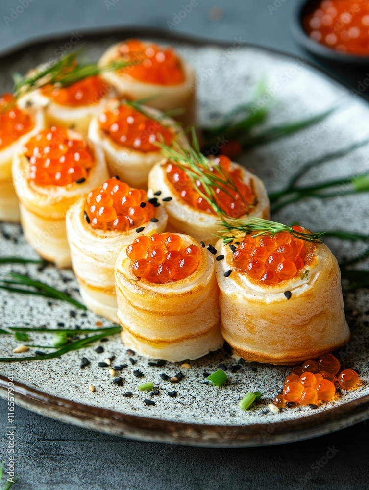 Rolls from pancakes with red caviar Rolls from pancakes with red caviar