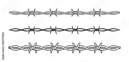 Barbed wire isolated template border. Wire barb fence set. Protection barbed wire silhouette outline clipart