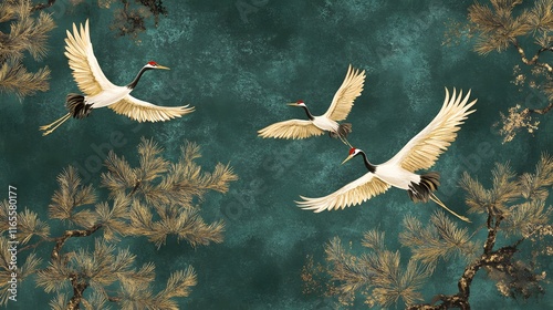 Elegant Birds in Flight Against Dark Green Background with Golden Foliage