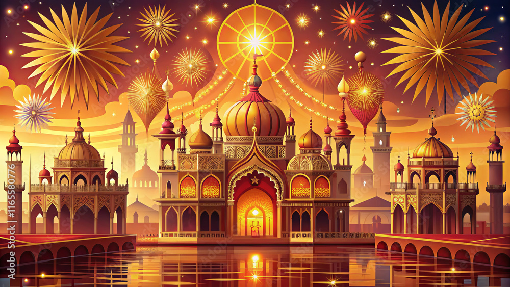 Obraz premium vibrant temple with golden domes and fireworks in festive night setting