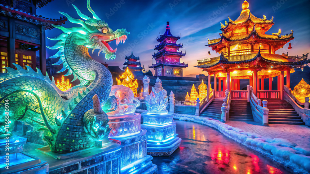 Obraz premium Illuminated ice dragon and lantern lit pagodas at vibrant festival night scene