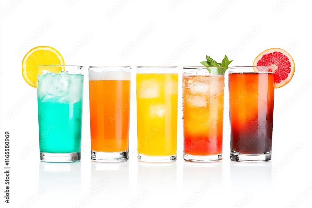 Assortment of Vibrant Cocktail Glasses with Fresh Garnishes for Refreshing Summer Drinks Assortment of Vibrant Cocktail Glasses with Fresh Garnishes for Refreshing Summer Drinks