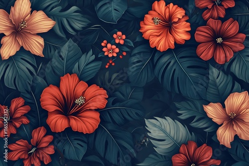 bold tropical flowers in a repeating design with rich, contrasting colors 