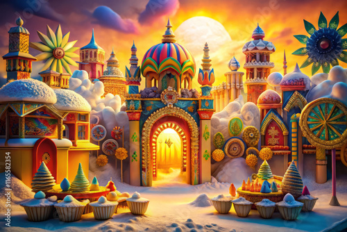 vibrant snow covered carnival scene with colorful domes and festive decorations