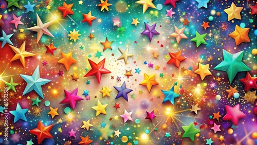 A vibrant and whimsical array of multicolored stars shimmer and sparkle against a radiant cosmic backdrop, bursting with celebratory energy.