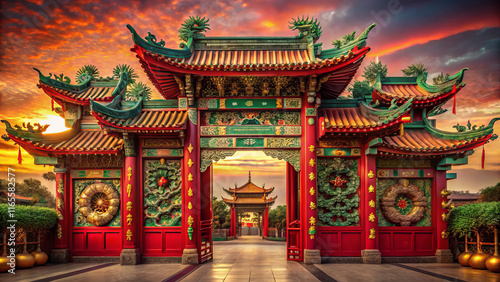 Vibrant red Chinese temple gates with intricate details under dramatic sunset sky