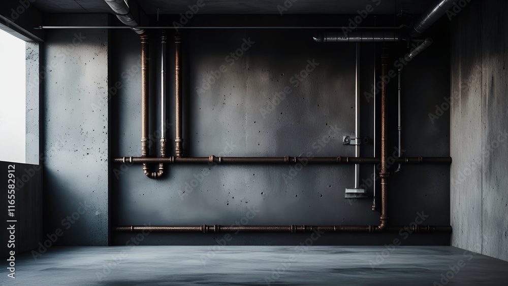 Rugged Concrete Garage Room with Grungy Metal Pipe Wall and Subtle Ambient Lighting Rugged Concrete Garage Room with Grungy Metal Pipe Wall and Subtle Ambient Lighting