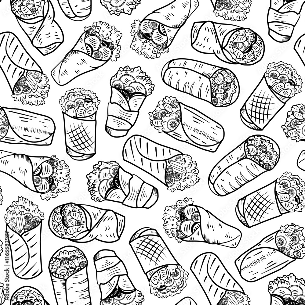 Kebab Pattern background. shawarma pattern background. burrito pattern background. Rolled Sandwich doodle illustration pattern. Kebab Pattern background. shawarma pattern background. burrito pattern background. Rolled Sandwich doodle illustration pattern.