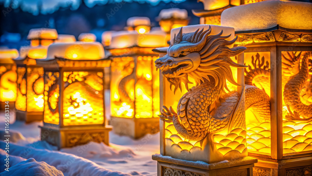 Fototapeta premium Golden dragon lanterns glowing warmly in snow at winter festival