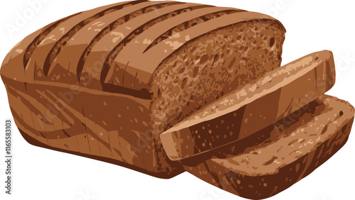 Sliced loaf of brown bread baking on white background