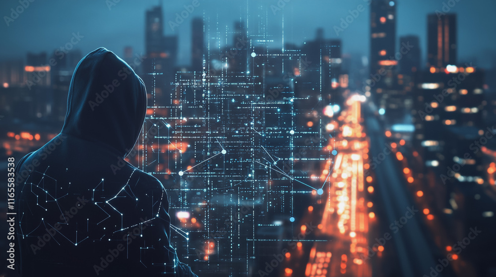 Hacker are planning to hack and attack networks and cyber security systems. Smart Innovation city with connection future wireless digital city and social media networking over the cityscape.