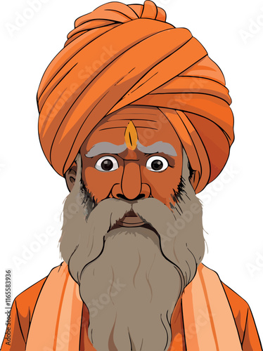 Indian sadhu wearing orange turban and showing surprise expression