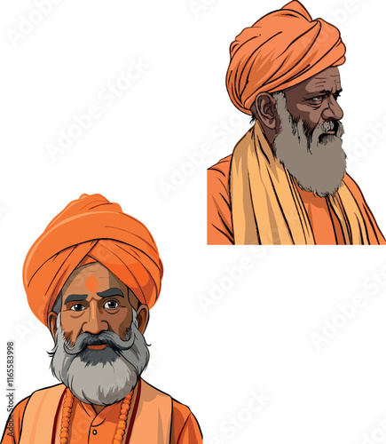 Indian sadhu wearing orange turban and traditional clothes
