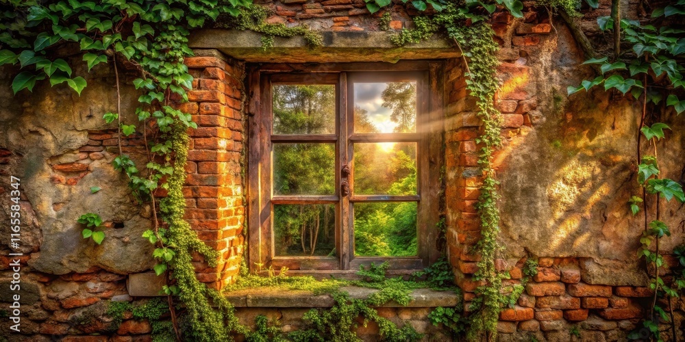 Sunlight Streams Through a Window in a Weathered Brick Wall, Vines Crawling Across the Surface