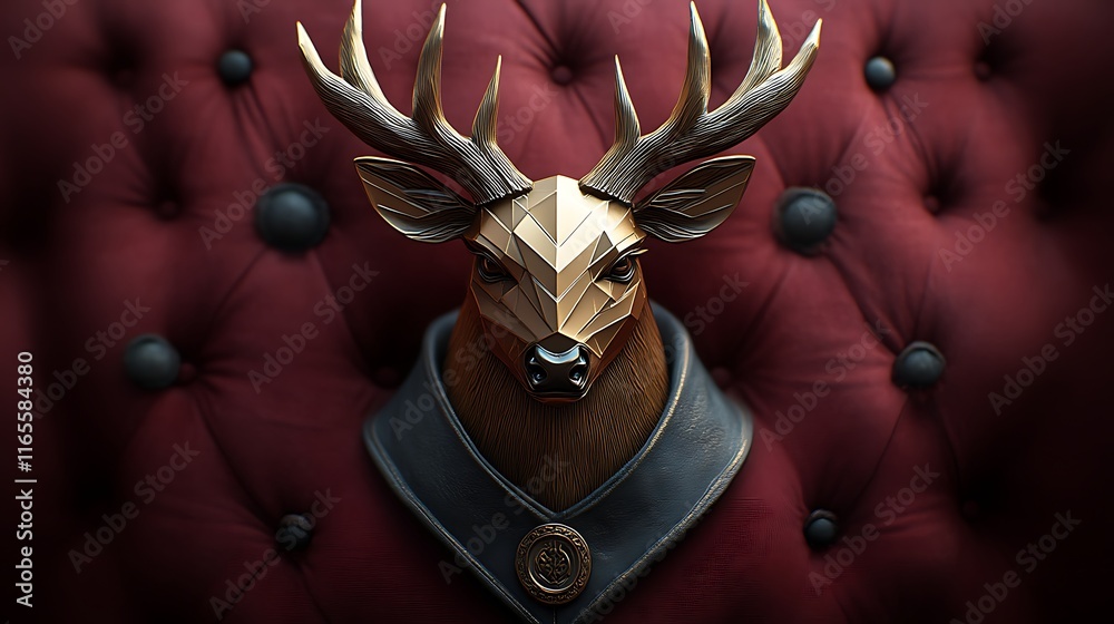 Golden Deer Head Sculpture on Red Upholstery Golden Deer Head Sculpture on Red Upholstery