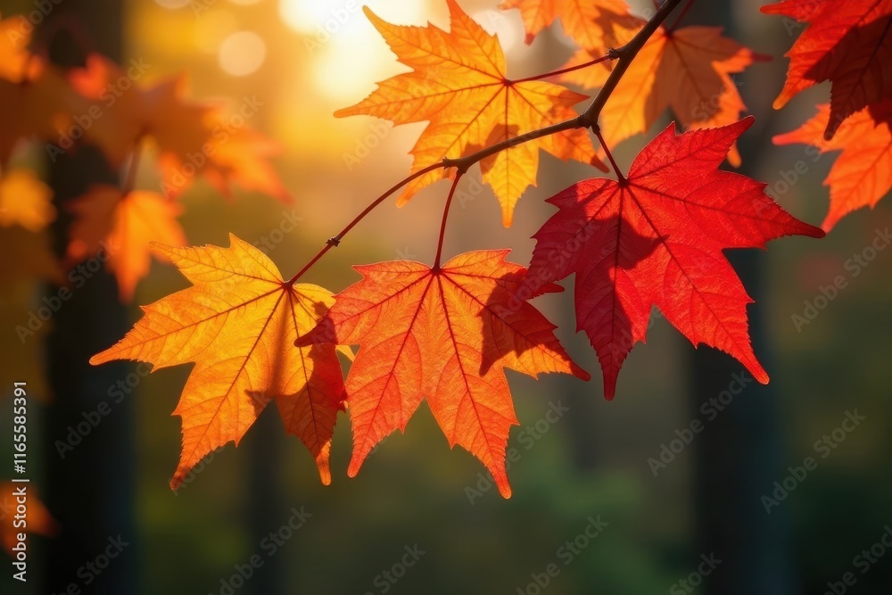 Sunlit maple branch displays fiery hues; leaves in various stages of autumn color change , outdoors, park, vibrant Sunlit maple branch displays fiery hues; leaves in various stages of autumn color change , outdoors, park, vibrant