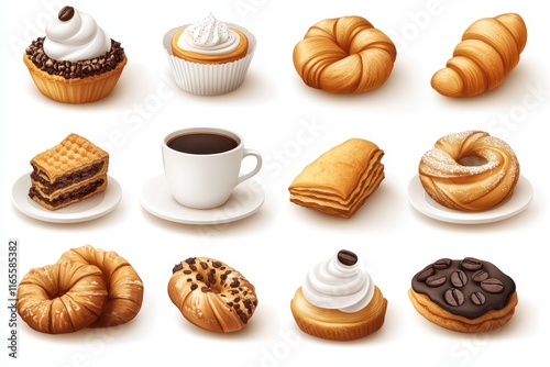 3D bakery items coffee pastries takeaway tea cappuccino croissants cookies and dess photo