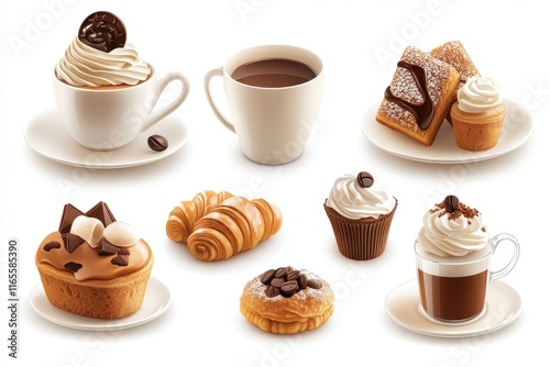 3D bakery items tea cup takeaway cappuccino croissants cookies sweet cream and chocol
