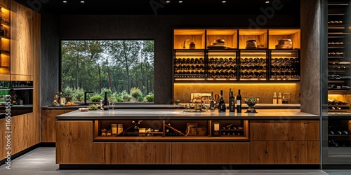 Elegant open wine rack luxury kitchen design modern home interior natural light contemporary aesthetic for culinary enthusiasts photo