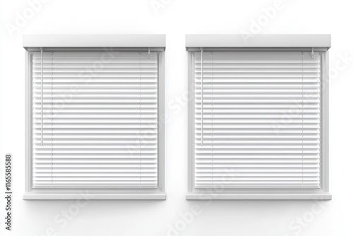 3D mockup of roller blinds and louvers featuring open and closed options in plastic or al