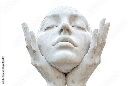 3D rendering of a sculpted head held in hands symbolizing artistic inspiration
