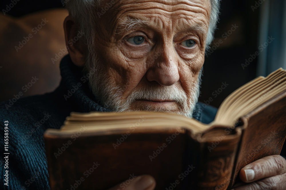 An elderly man engrossed in reading an antique book, lost in its pages.
