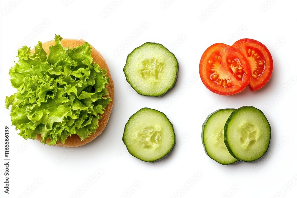 A burger topped with lettuce tomato and cucumber