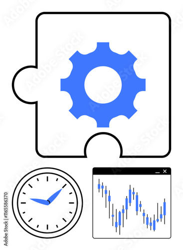Gear on puzzle piece, analog clock, and stock market chart with blue candlesticks. Ideal for strategy planning, project management, time tracking, financial analysis, operational improvement