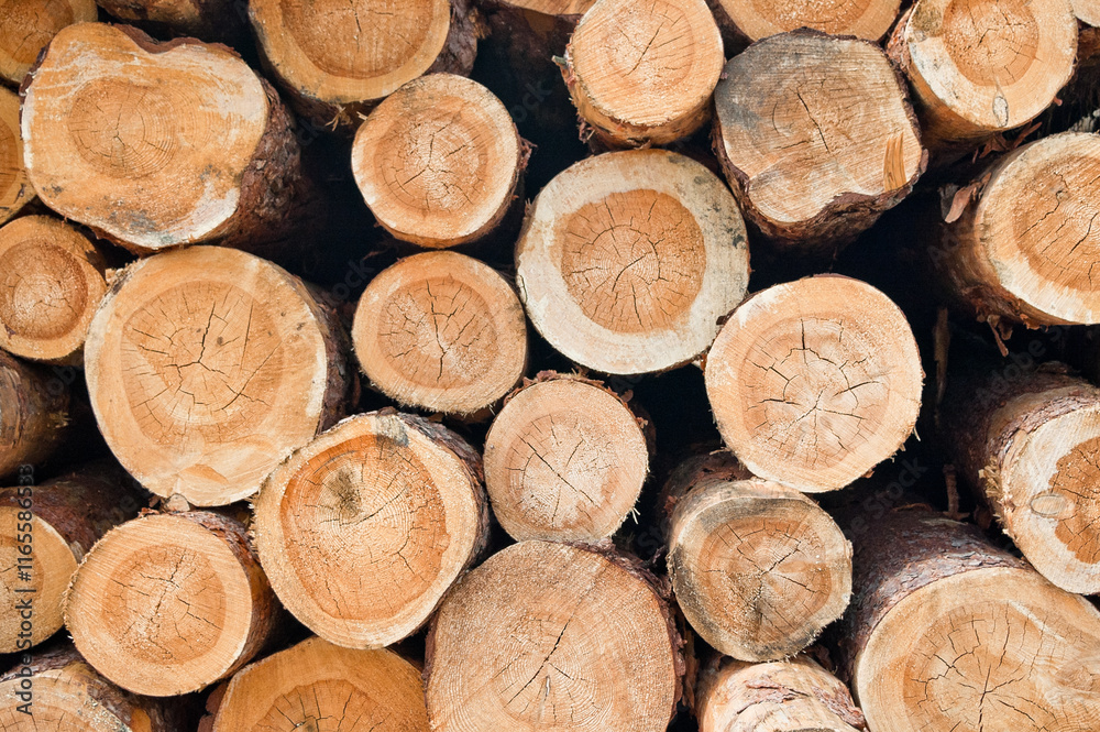 The photo shows round logs stacked in piles The photo shows round logs stacked in piles