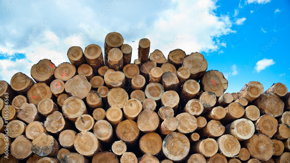 The photo shows round logs stacked against a blue sky The photo shows round logs stacked against a blue sky