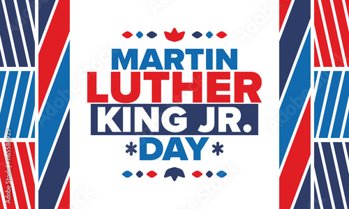 Martin Luther King, Jr. Day. Celebrated annual in United States in January, federal holiday. African American Rights Fighter. Patriotic american elements. Poster, card, banner, background. Vector