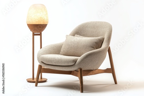 A cozy minimalist space with a comfy chair plush pillow soft lighting and wooden furnis photo