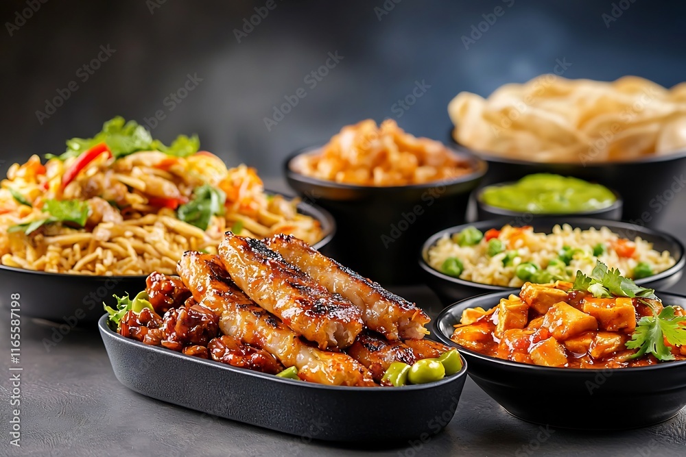 Delectable Fusion Cuisine Dishes Presented in Captivating Studio Setting for Commercial Advertisement Delectable Fusion Cuisine Dishes Presented in Captivating Studio Setting for Commercial Advertisement