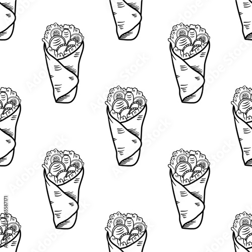 Kebab Pattern background. shawarma pattern background. burrito pattern background. Rolled Sandwich doodle illustration pattern.