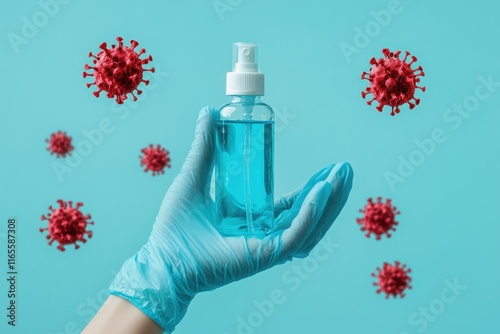 A gloved hand manages a dispensary filled with sanitizer antiseptic or antibacterial soa photo