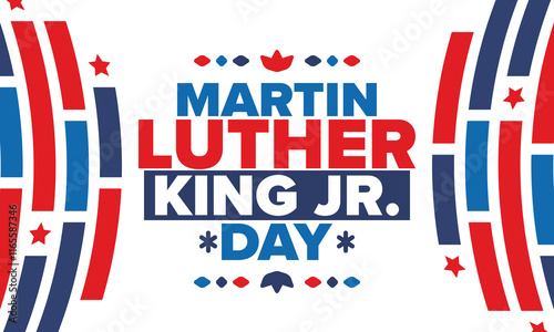 Martin Luther King, Jr. Day. Celebrated annual in United States in January, federal holiday. African American Rights Fighter. Patriotic american elements. Poster, card, banner, background. Vector