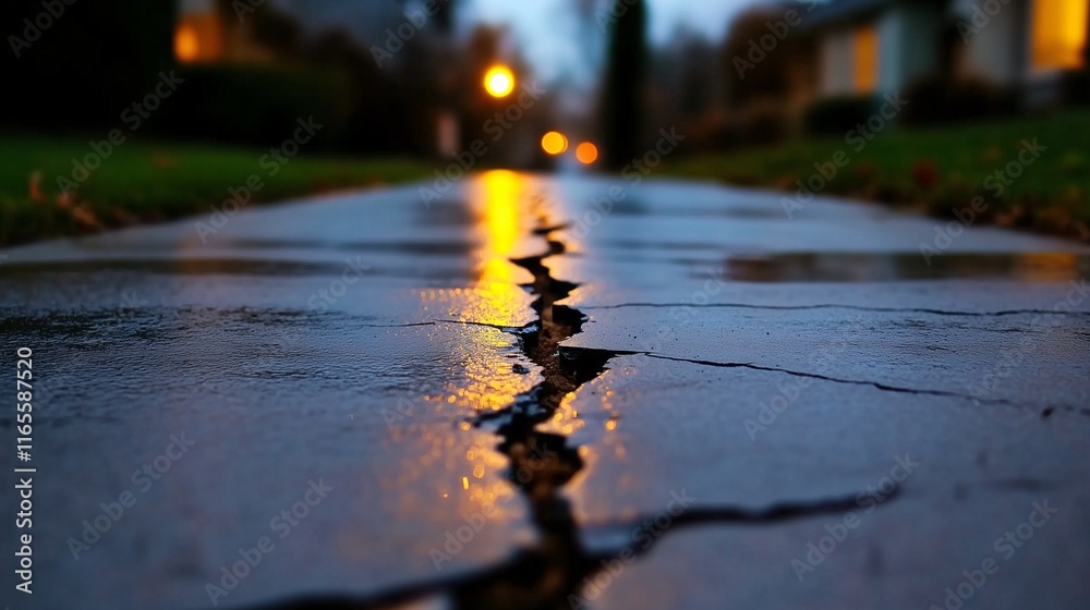 Fototapeta premium Cracked wet sidewalk at dusk reflecting warm streetlights in a quiet suburban neighborhood.