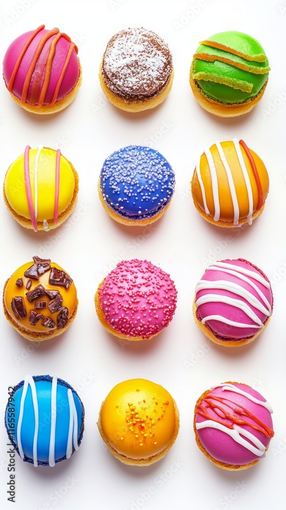 A Vibrant Array of Colorful Donuts, A Sweet Treat for the Eyes and Taste Buds A Vibrant Array of Colorful Donuts, A Sweet Treat for the Eyes and Taste Buds