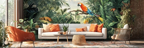 Jungle animal wallpaper featuring exotic birds and lush foliage in a vibrant living room