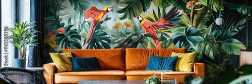 Jungle animal wallpaper featuring exotic birds and lush foliage in a vibrant living room