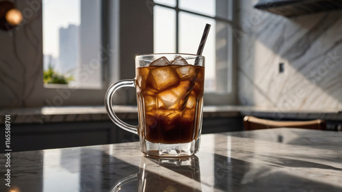 Iced coffee in a glass mug. Suitable for food and beverage blog posts, restaurant menus, and summer refreshment designs photo