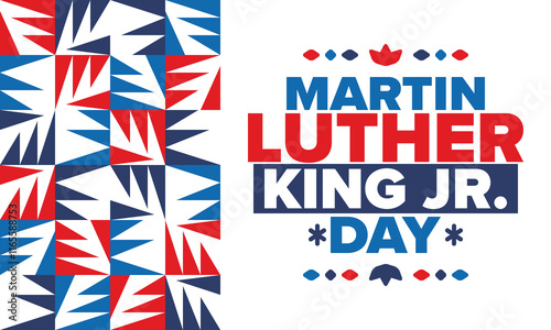 Martin Luther King, Jr. Day. Celebrated annual in United States in January, federal holiday. African American Rights Fighter. Patriotic american elements. Poster, card, banner, background. Vector