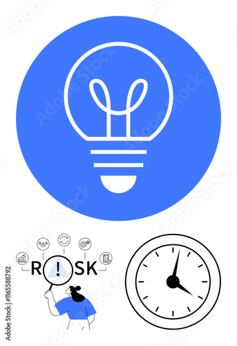 Lightbulb symbolizing ideas, person analyzing risks with icons, and an analog clock. Ideal for innovation, decision-making, planning, time management, productivity, risk assessment abstract line