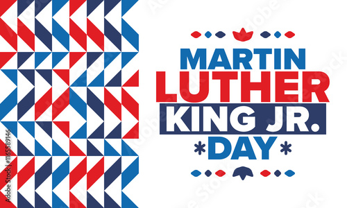 Martin Luther King, Jr. Day. Celebrated annual in United States in January, federal holiday. African American Rights Fighter. Patriotic american elements. Poster, card, banner, background. Vector
