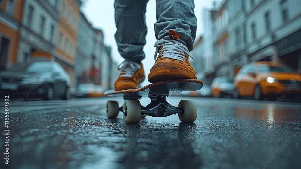 Low angle view of skateboarder's feet on wet city street. Low angle view of skateboarder's feet on wet city street.
